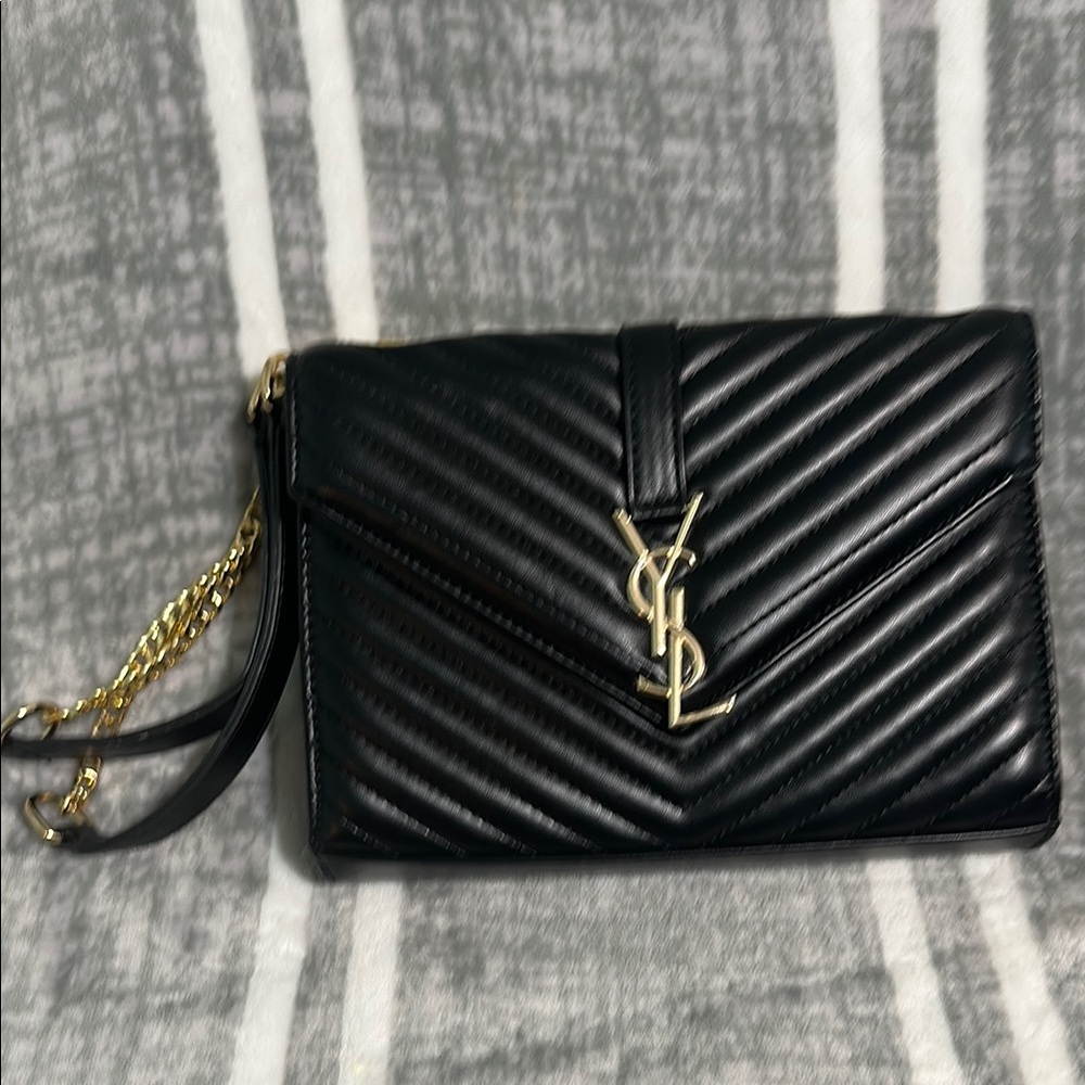 Yves Saint Laurent Black and Gold Chevron Clutch